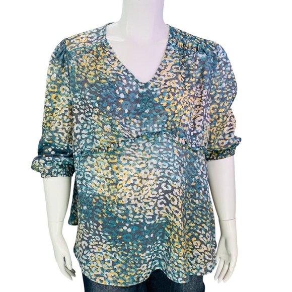 NEW New Directions Womens Peasant Blouse Multicolor Dark Golanma Abalone Sky XL - Picture 2 of 11